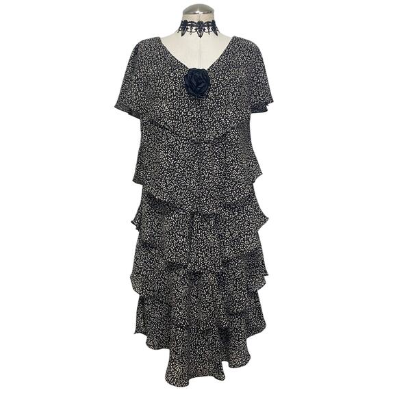 Vintage 90s Ruffle Tier Layered Cocktail Floral Dress Romantic Gothic Indie - Picture 1 of 14